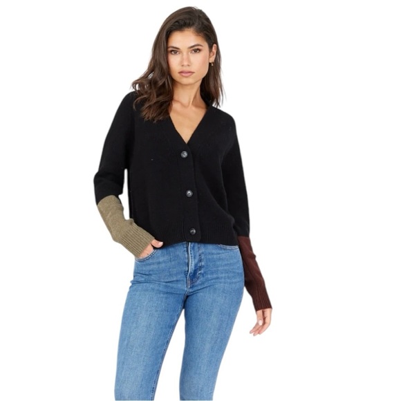 One Grey Day Curtis 100% Cashmere Cardigan - Black Combo Size L - Picture 1 of 7